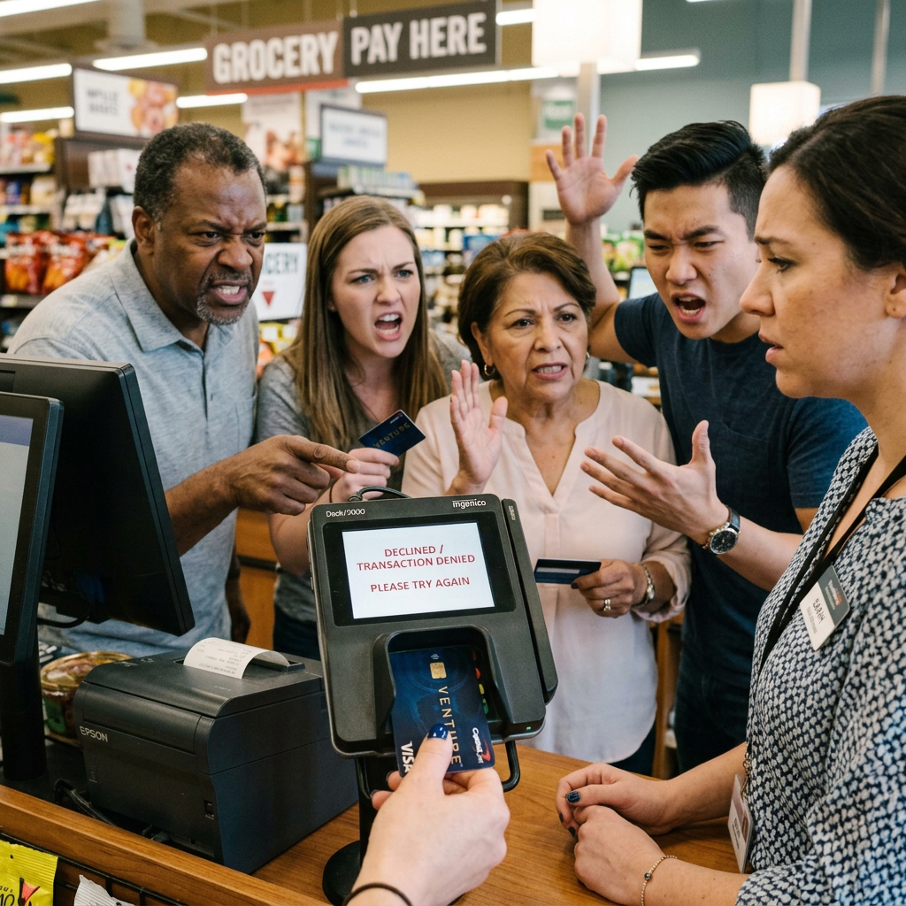 Shoppers arguing with cashier over a declined card payment